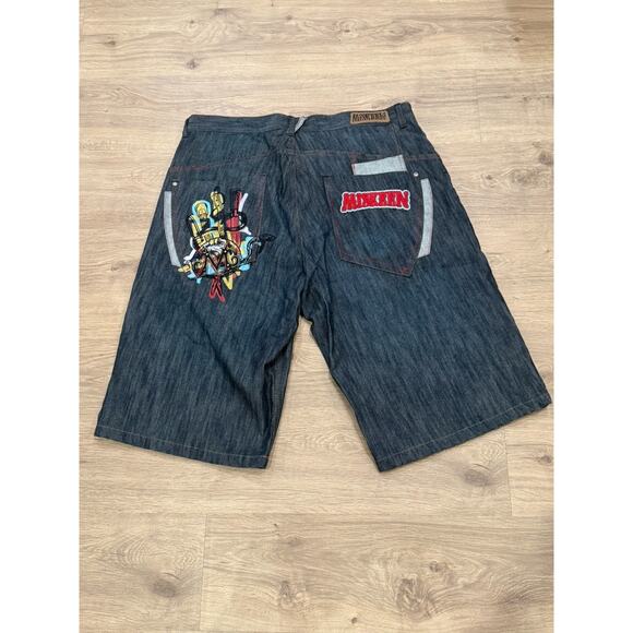 Y2K Miskeen Denim Jean Shorts Mens 38 Baggy Hip Hop Embroidered Graphic Print - Picture 1 of 10